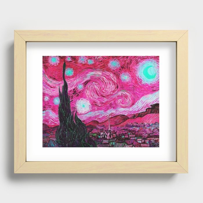 The Starry Night - La Nuit étoilée oil-on-canvas post-impressionist landscape masterpiece painting in alternate crimson red by Vincent van Gogh Recessed Framed Print