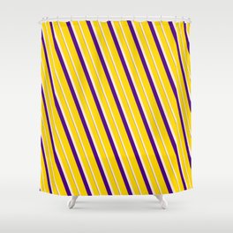 [ Thumbnail: Yellow, Beige, and Indigo Colored Lines/Stripes Pattern Shower Curtain ]