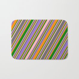[ Thumbnail: Colorful Light Pink, Dim Grey, Purple, Dark Orange & Green Colored Stripes Pattern Bath Mat ]