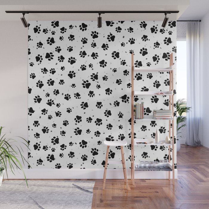 Abstract black and white paw print pattern with dots Wall Mural