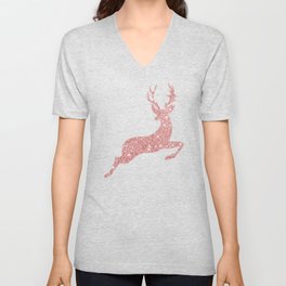 Rose gold sparkling Christmas reindeer pattern V Neck T Shirt