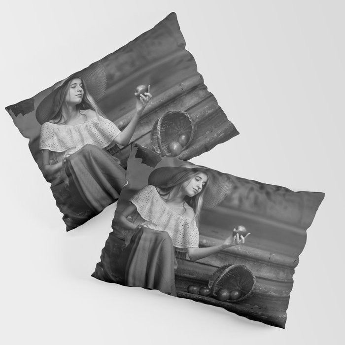 Here, There, and Everywhere; Girl with a hat and an apple; serene summer portrait black and white photograph - photography - photographs Pillow Sham