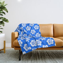 Bright Blue and White Hibiscus Pattern Throw Blanket