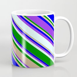 [ Thumbnail: Colorful Green, Tan, Blue, Purple, and Light Cyan Colored Striped/Lined Pattern Coffee Mug ]