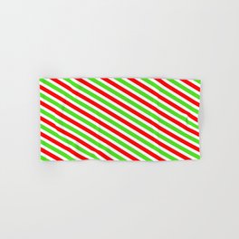 [ Thumbnail: Fun Christmas-Inspired Red, White & Green Colored Lined Pattern Hand & Bath Towel ]