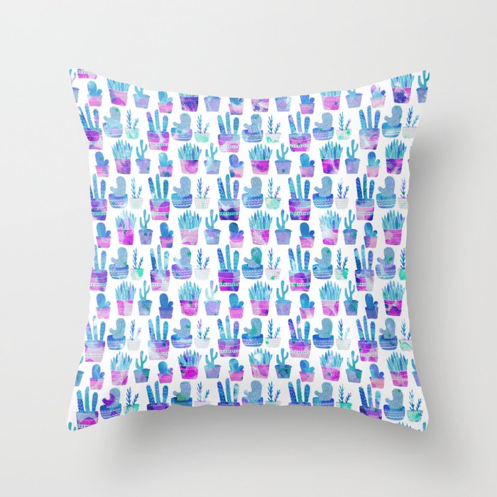 Modern hand painted pink teal watercolor cute cactus floral Throw Pillow