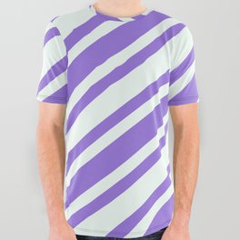 [ Thumbnail: Purple and Mint Cream Colored Pattern of Stripes All Over Graphic Tee ]