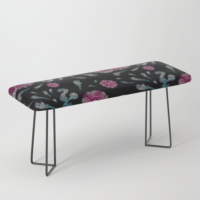 Embroidered Boho Pink Flowers Bench