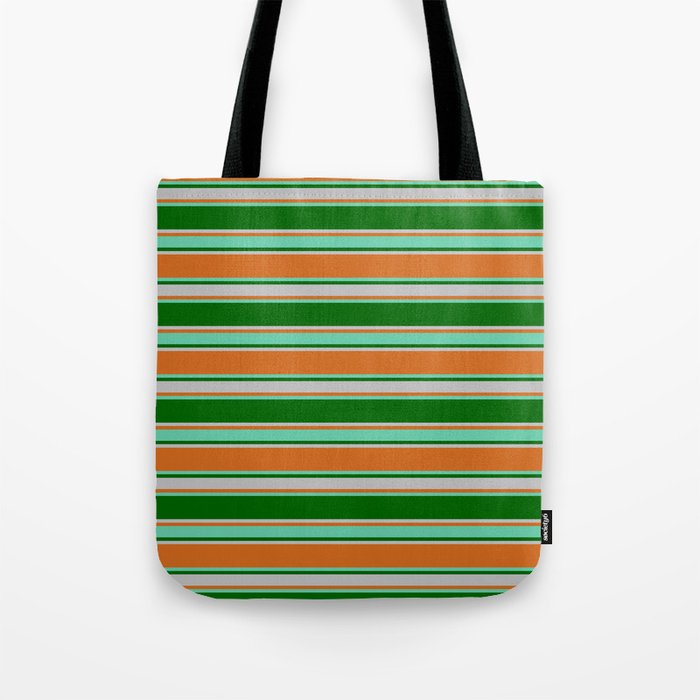 Chocolate, Aquamarine, Dark Green, and Grey Colored Lines Pattern Tote Bag