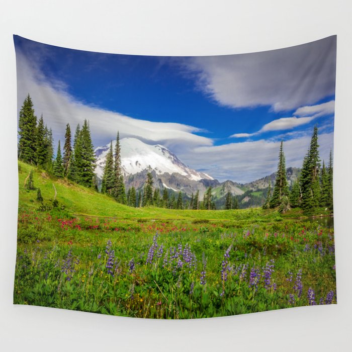 Mt Rainier and Wildflowers Wall Tapestry