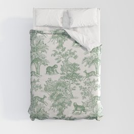 Toile de Jouy Vintage French Exotic Jungle Forest Green & White Duvet Cover