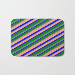 [ Thumbnail: Slate Gray, Light Salmon, Blue & Green Colored Lines/Stripes Pattern Bath Mat ]
