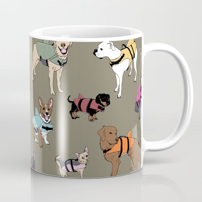 Dog Sharks (dogs in lifejackets) on olive green background Coffee Mug