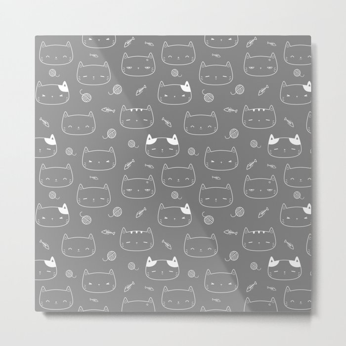 Grey and White Doodle Kitten Faces Pattern Metal Print