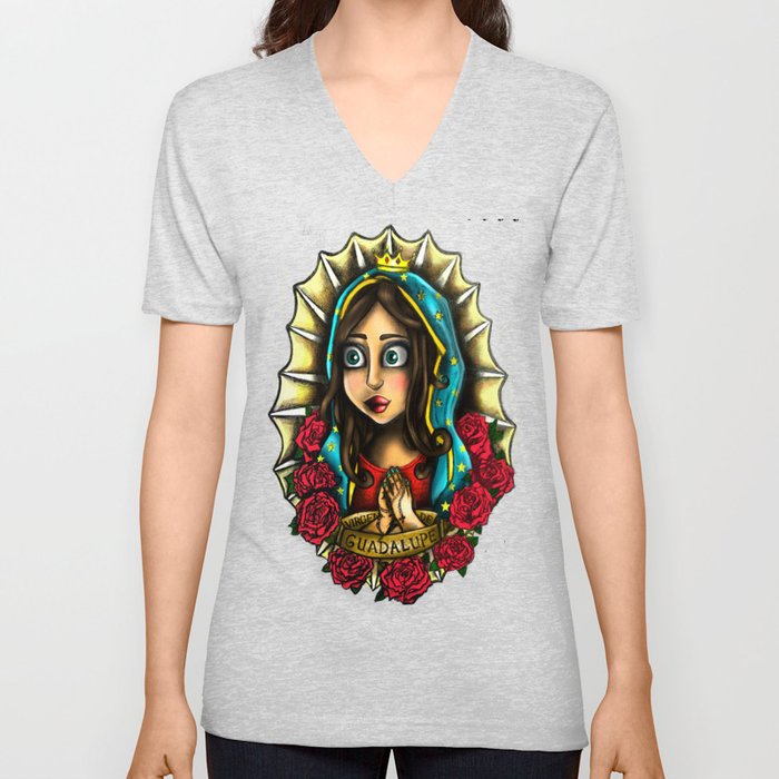 Lady Of Guadalupe (Virgen de Guadalupe) BLUE VERSION V Neck T Shirt