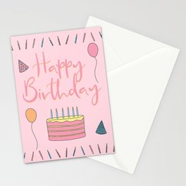Happy Birthday Cake and Balloons Pink Stationery Card
