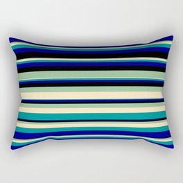 [ Thumbnail: Vibrant Dark Sea Green, Beige, Dark Cyan, Blue & Black Colored Striped/Lined Pattern Rectangular Pillow ]