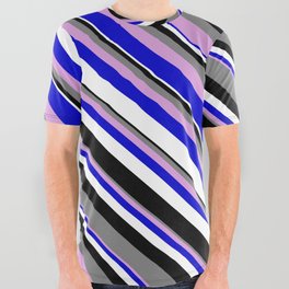 [ Thumbnail: Colorful Grey, Plum, Blue, White, and Black Colored Lined Pattern All Over Graphic Tee ]