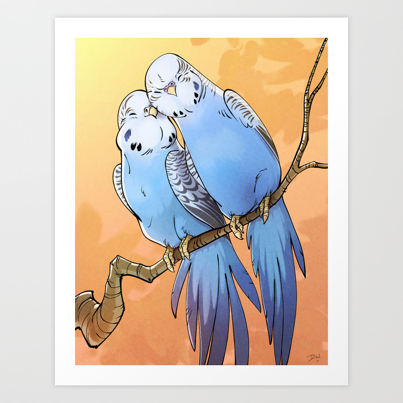 Budgie Lovebirds ! ... parakeets birds love cute animal art blue feathers  art illustration Art Print by DavidWentworthArt | Society6
