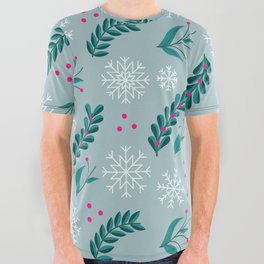 Christmas Pattern Turquoise Floral Pine Mistletoe All Over Graphic Tee