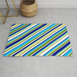 [ Thumbnail: Colorful Blue, Deep Sky Blue, Tan, Green & White Colored Lined Pattern Rug ]