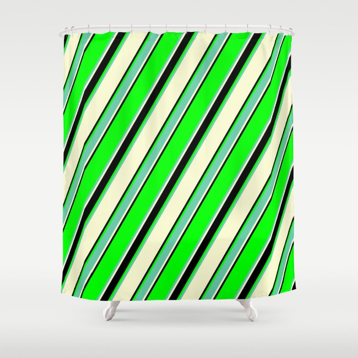 Lime, Aquamarine, Light Yellow & Black Colored Lined Pattern Shower Curtain