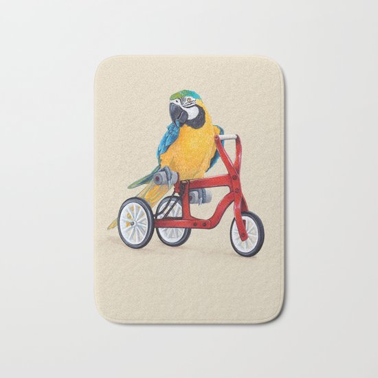 Parrot macaw on red bike Bath Mat