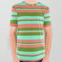 [ Thumbnail: Salmon, Green & Aquamarine Colored Stripes/Lines Pattern All Over Graphic Tee ]