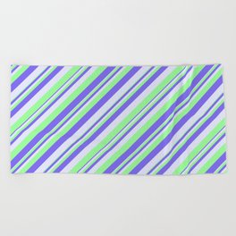 [ Thumbnail: Green, Medium Slate Blue, and Lavender Colored Lines Pattern Beach Towel ]
