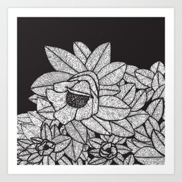 Floral Meditation Art Print | Ink Pen, Hand, Black And White, Drawing, Digital, Pattern, Linework, Floral, Flowers 