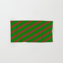[ Thumbnail: Green and Brown Colored Stripes Pattern Hand & Bath Towel ]