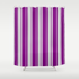 [ Thumbnail: Purple and Light Grey Colored Stripes/Lines Pattern Shower Curtain ]