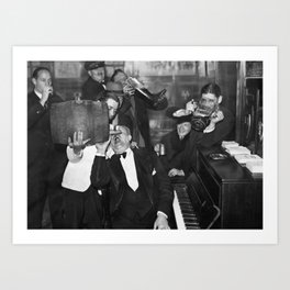 Roaring twenties speakeasy secret bar prohibition drinking like it was normal every day; men drinking mugs and steins of beer black and white funny photograph - photography - photographs Art Print