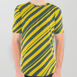 [ Thumbnail: Dark Slate Gray and Yellow Colored Lined Pattern All Over Graphic Tee ]