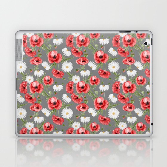 Daisy and Poppy Seamless Pattern on Grey Background Laptop & iPad Skin