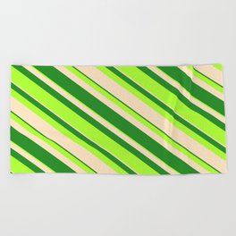 [ Thumbnail: Forest Green, Light Green, and Bisque Colored Striped/Lined Pattern Beach Towel ]