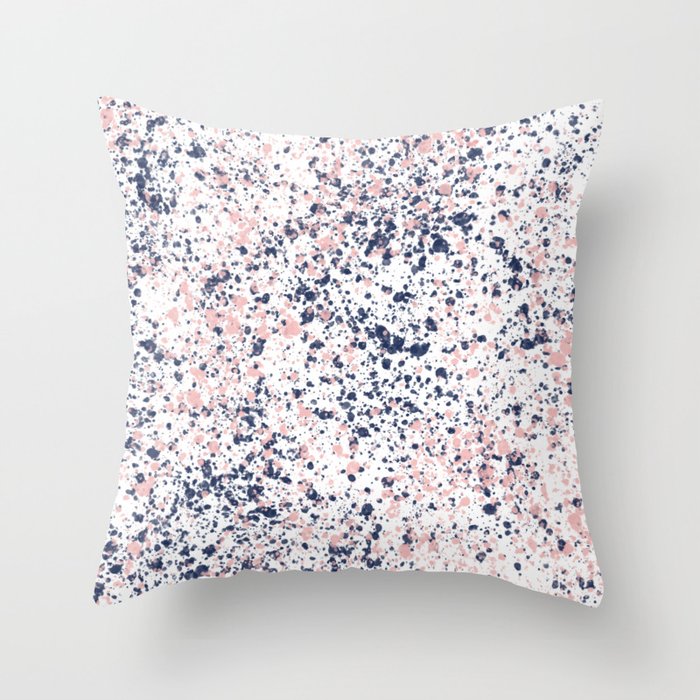Navy Blue and Pink Abstract Paint Spatter on White Throw Pillow