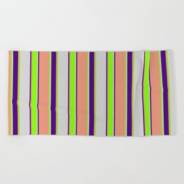 [ Thumbnail: Light Grey, Chartreuse, Dark Salmon, and Indigo Colored Striped/Lined Pattern Beach Towel ]
