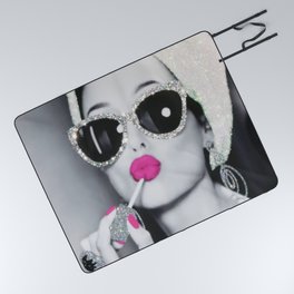 Audrey Hepburn Pink Lips Glitter Picture canvas Picnic Blanket