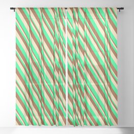 [ Thumbnail: Green, Brown & Beige Colored Lined/Striped Pattern Sheer Curtain ]