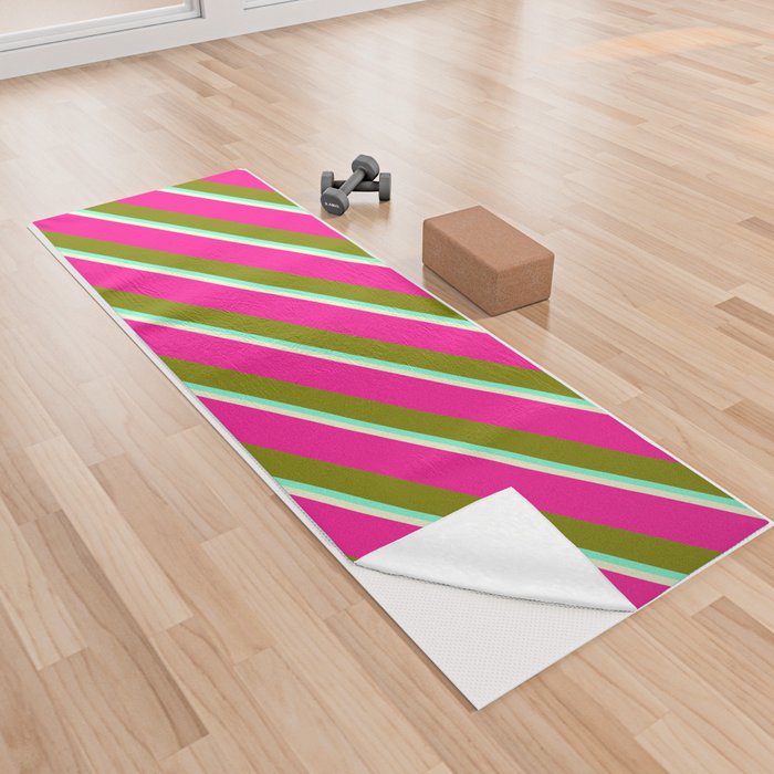Deep Pink, Green, Aquamarine, and Light Yellow Colored Lined/Striped Pattern Yoga Towel