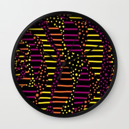 Spots and Stripes 2 - Black, Pink, Orange and Yellow Wall Clock