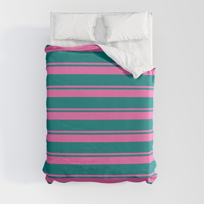 Hot Pink and Teal Colored Stripes/Lines Pattern Duvet Cover