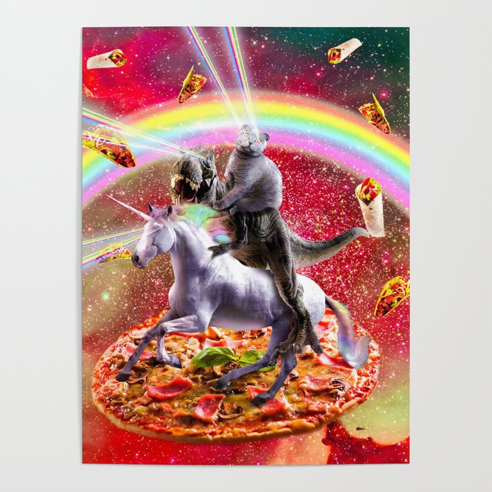 Laser Eyes Space Cat On Dinosaur Unicorn - Rainbow Poster