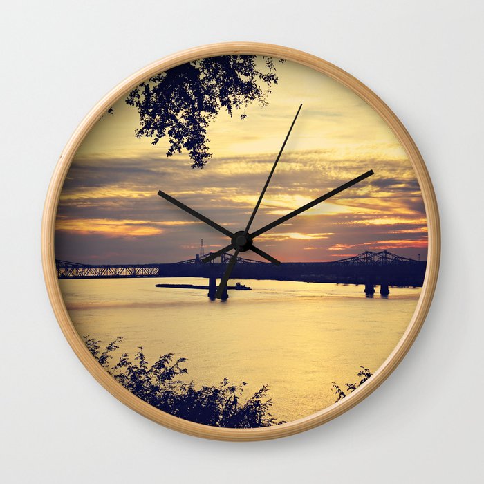 Golden Mississippi River Sunset Wall Clock