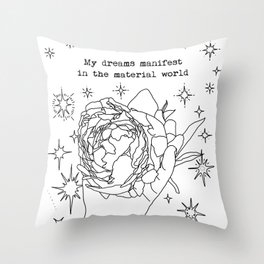 My Dreams Manifest in the Material World | Minimal Linear Art | Peony & Hand | Stars | Motivational Throw Pillow