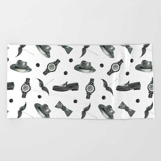 watercolor fashion pattern black on white Beach Towel