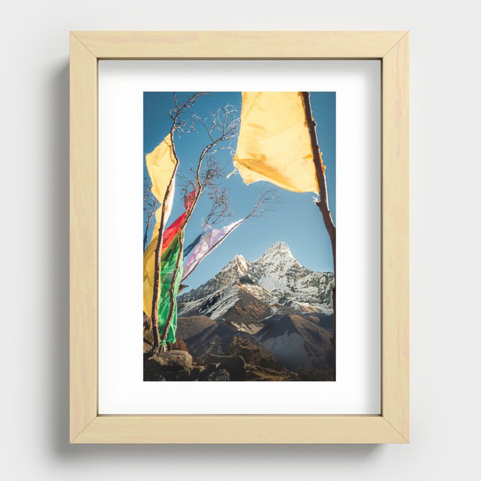 Mountains | Mount Ama Dablam in the Himalayas between Tibetan prayer flags art print photography Recessed Framed Print