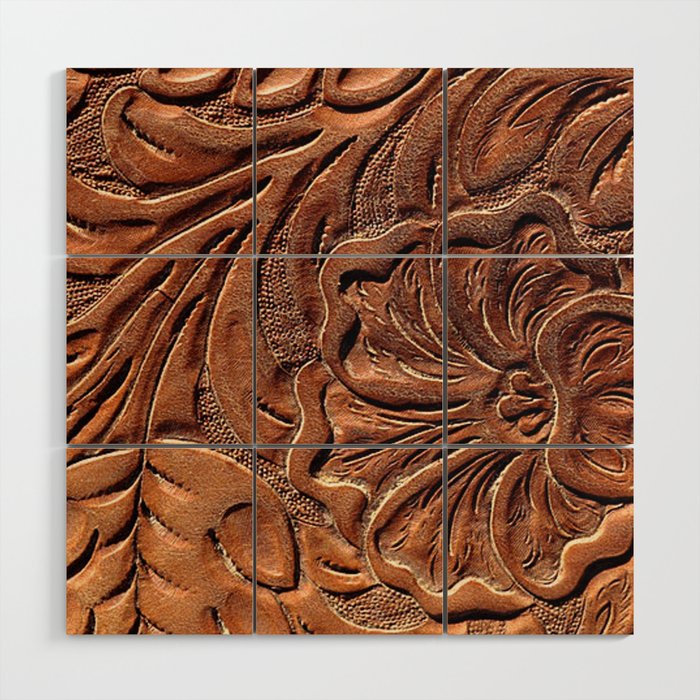 Vintage Worn Tooled Leather Wood Wall Art