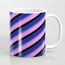 [ Thumbnail: Vibrant Midnight Blue, Royal Blue, Violet, Black, and White Colored Pattern of Stripes Coffee Mug ]